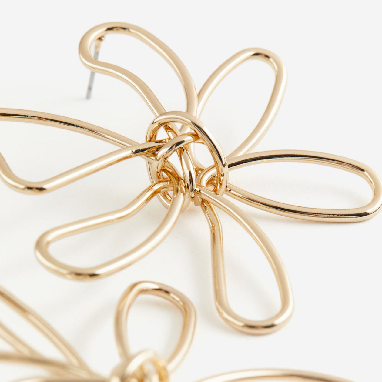 Gros plan sur des boucles d’oreilles dorées en acier inoxydable 316L en forme de fleur, présentées sur un fond blanc.