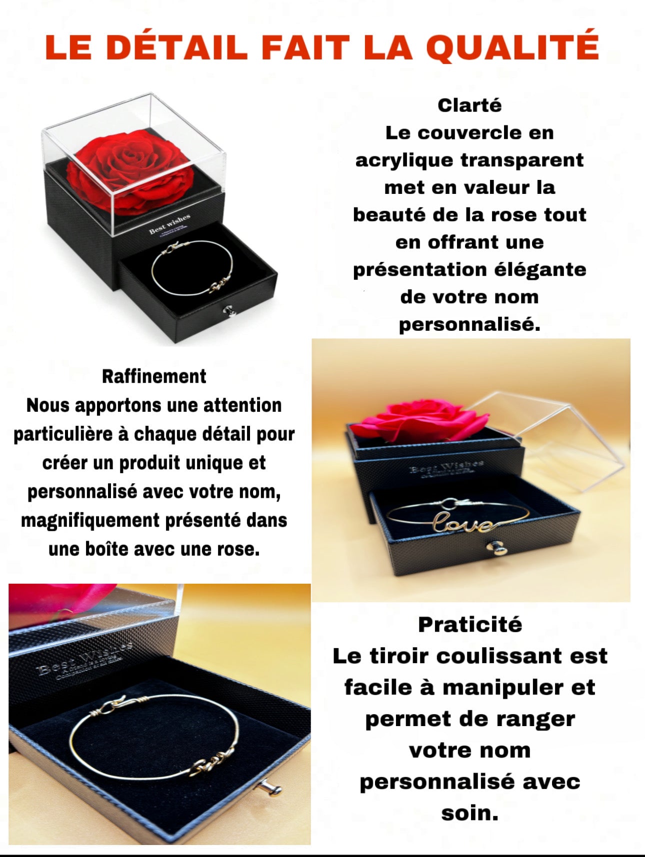 Bracelet personnalisé avec boîte – Cadeau romantique avec rose éternelle.