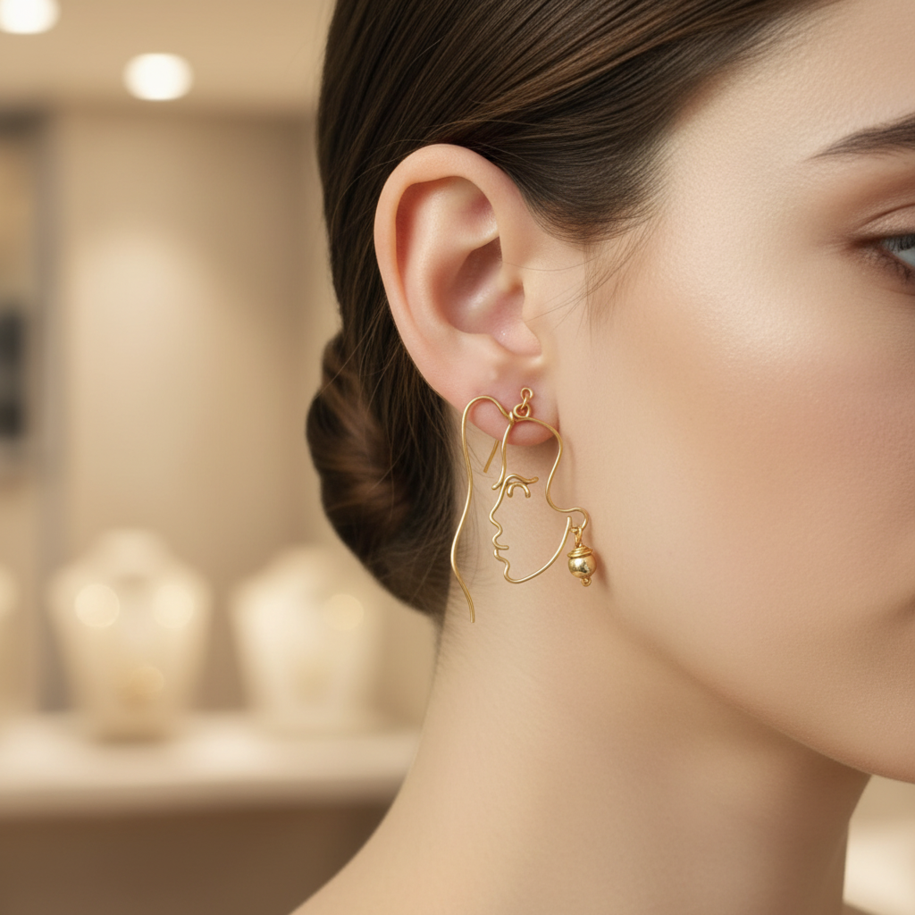 Boucle d’oreille en fil doré représentant un visage féminin abstrait, portée à l’oreille par une femme, design artisanal fin et lumineux.