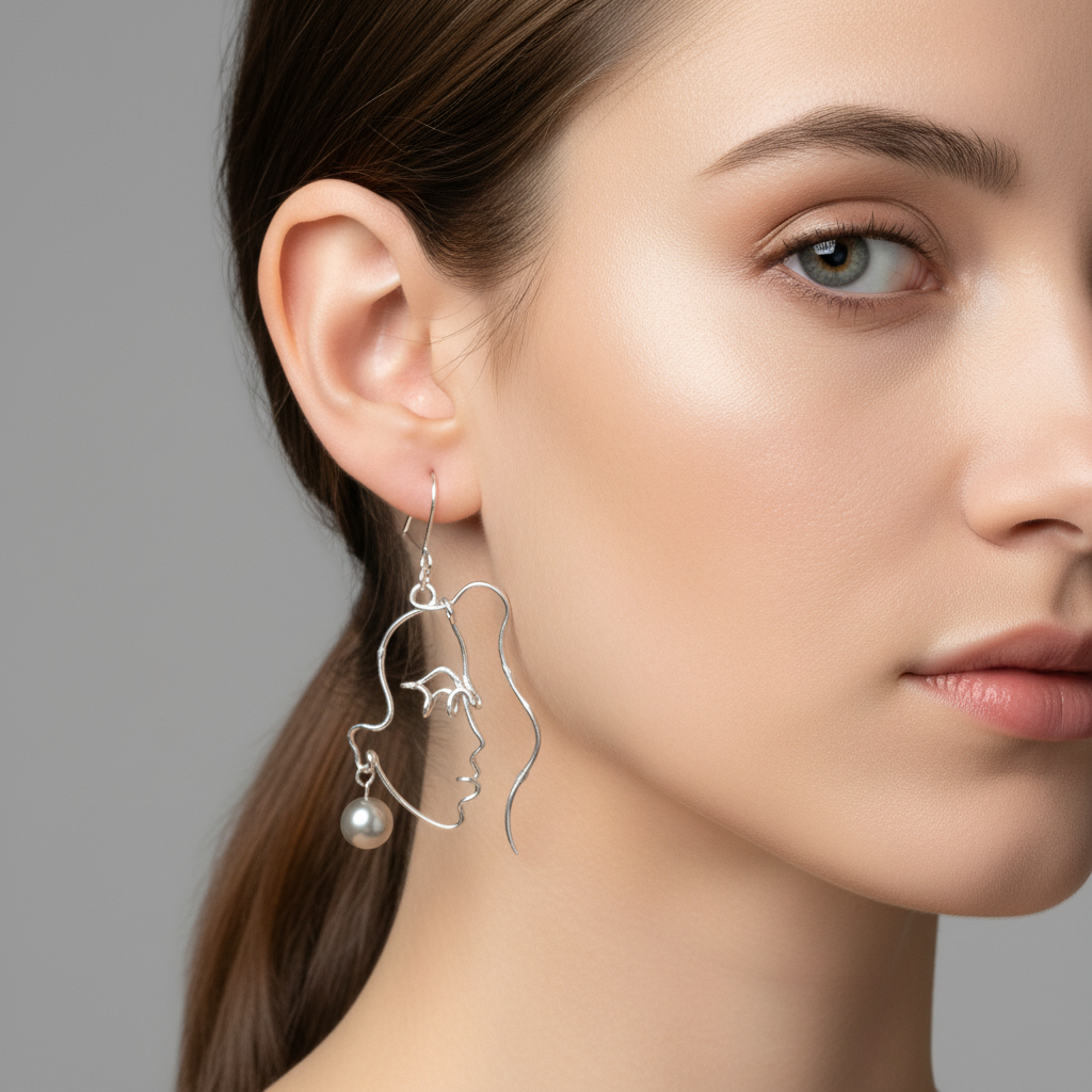 Femme portant une boucle d’oreille en fil d’argent représentant un visage féminin abstrait, bijou artisanal fin et lumineux porté à l’oreille.