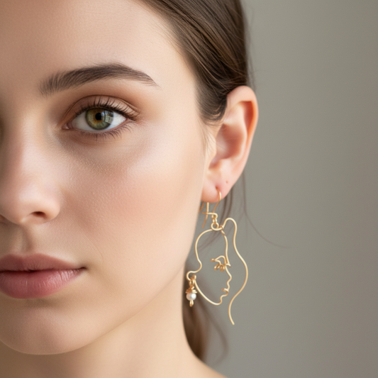 Jeune femme portant une boucle d’oreille en fil or 18K représentant un visage féminin abstrait, design fin et brillant, bijou artisanal porté à l’oreille.
