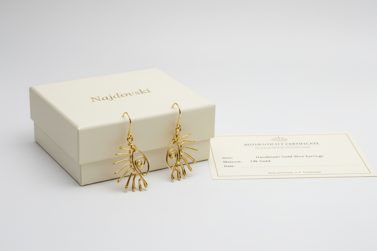 Boucles d’oreilles en fil faites à la main, présentées avec une boîte Najdovski et un certificat d’authenticité, fond neutre et éclairage doux.