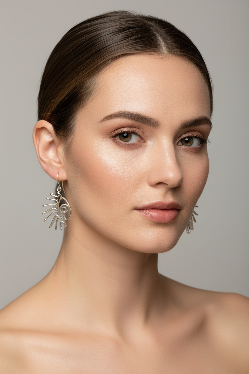 Boucles d’oreilles en fil façonnées à la main, portées par une femme adulte, design artisanal original respecté, taille réaliste par rapport à l’oreille, finition métallique naturelle et éclairage doux et professionnel pour une présentation e-commerce.
