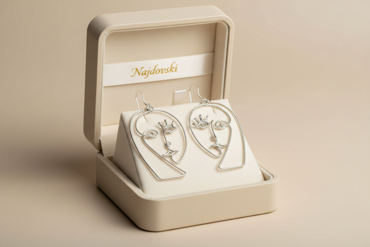 Boucles d’oreilles abstraites en fil, bijou artisanal, présentation crème avec signature Najdovski.
