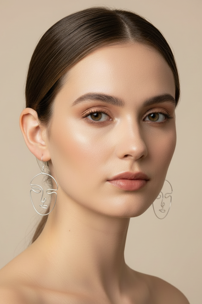 Boucles d’oreilles visage femme en fil doré – Fait main