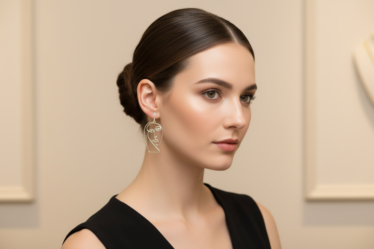 Boucles d’oreilles design abstrait en fil, fabrication artisanale, style minimaliste et élégant.
