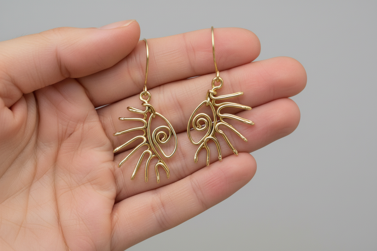 Boucles d’oreilles en fil faites à la main, tenues dans une seule main, design original en fil métallique, taille réelle, fond neutre et éclairage doux.