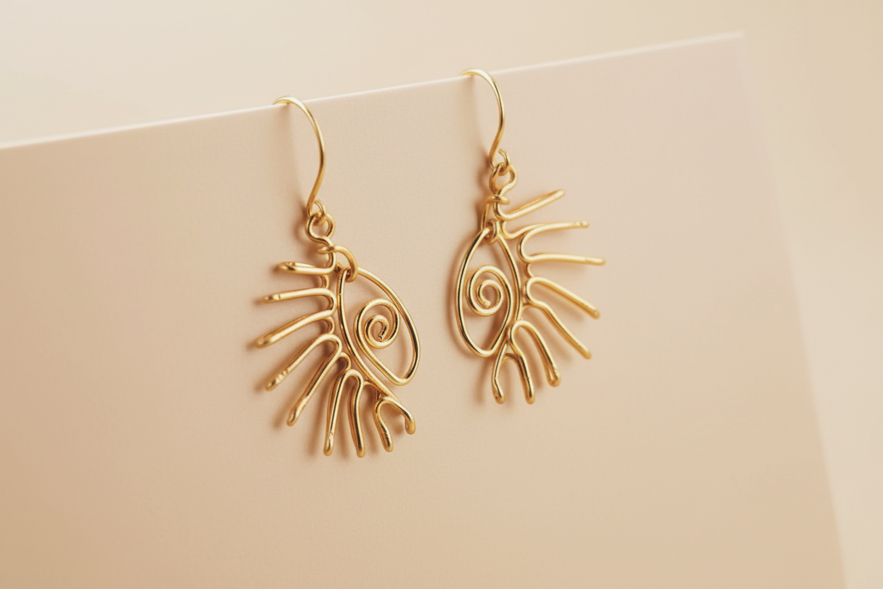 Boucles d’oreilles en fil façonnées à la main, portées à l’oreille, design original artisanal avec lignes épurées et finition métallique naturelle, présentées à l’échelle réelle avec un éclairage doux et professionnel pour une boutique de bijoux en ligne.