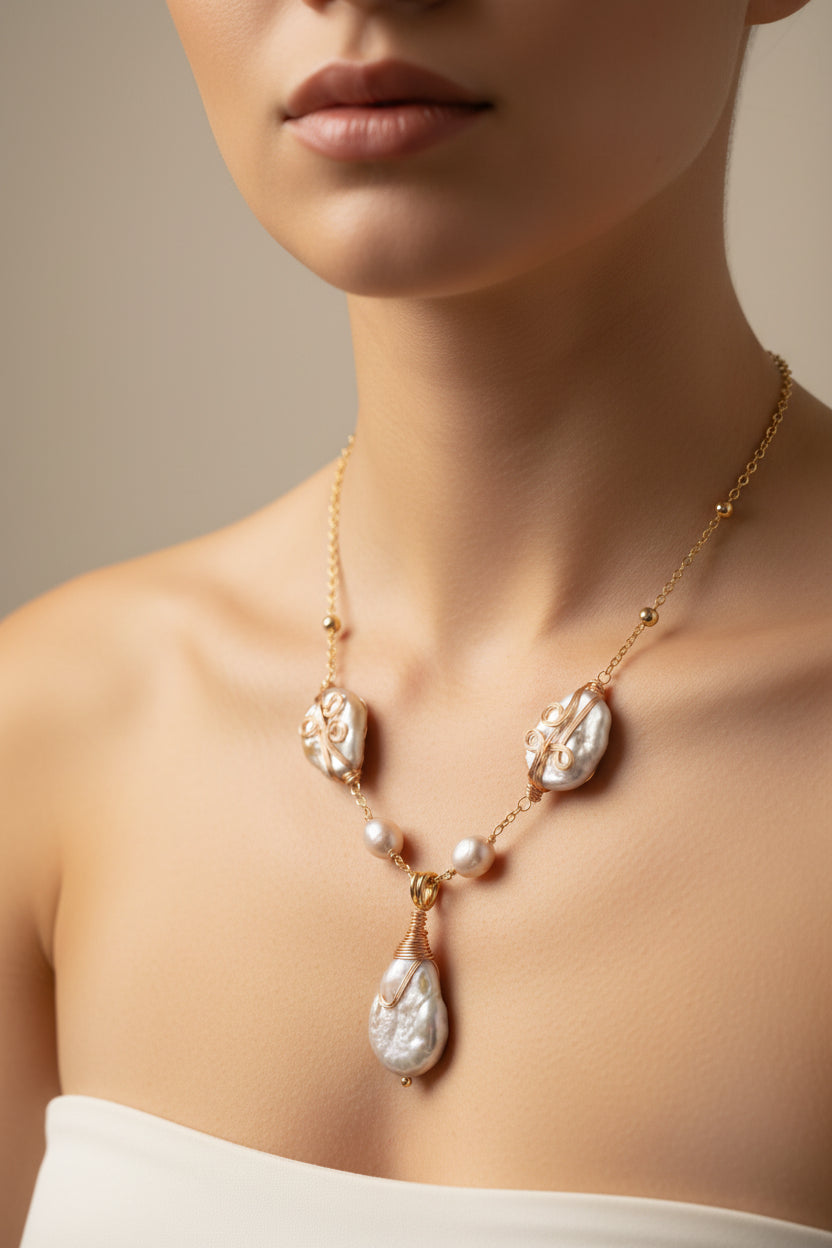 Collier long élégant avec perles naturelles – Bijou raffiné et intemporel