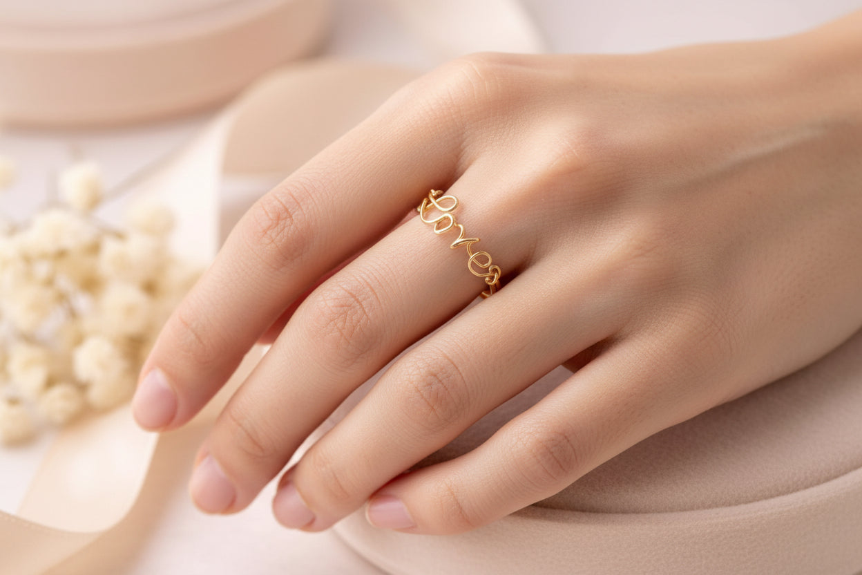 Bague prénom personnalisée en fil doré, portée élégamment sur la main d’une femme.
