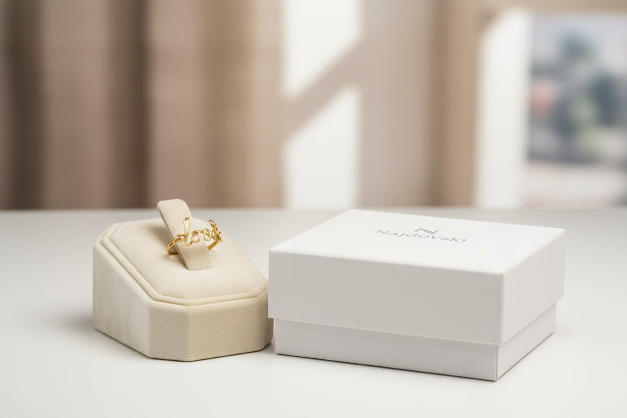 Bague prénom personnalisée en fil doré, présentée sur un présentoir luxe avec boîte Najdovski.