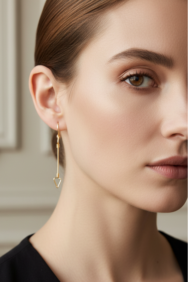 Femme portant une boucle d’oreille flèche en fil doré, bijou artisanal élégant au design minimaliste.