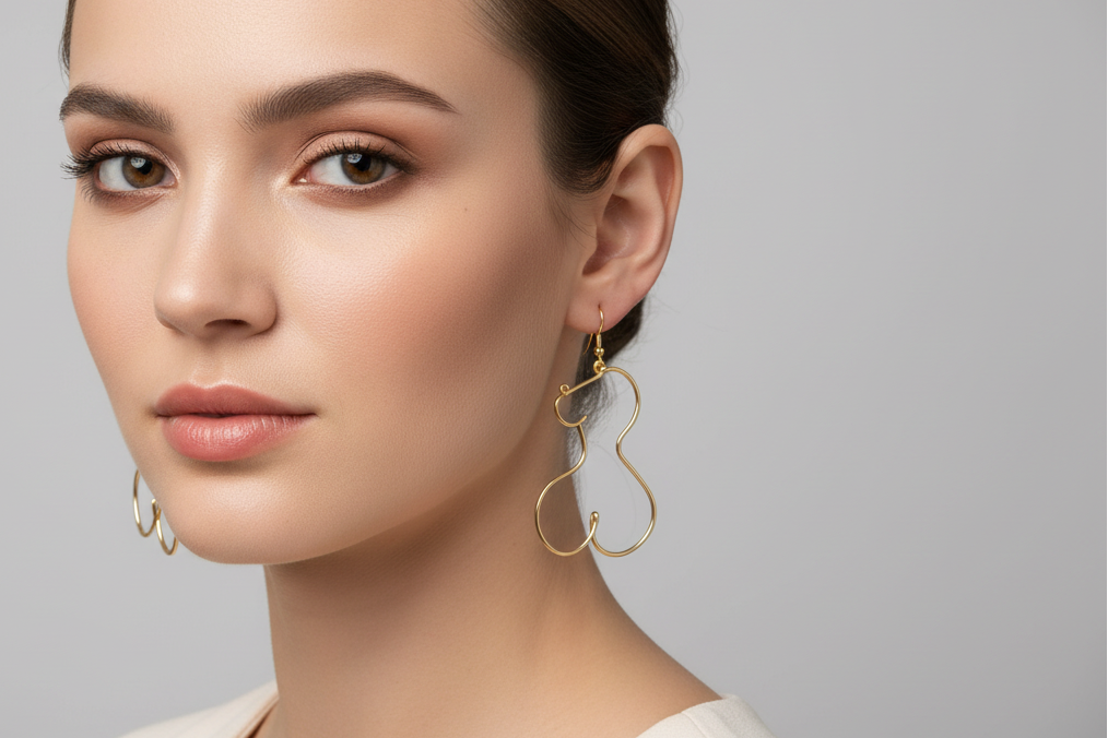 Boucles d’oreilles en fil doré portées par une femme élégante, bijou fait main au design fin et moderne.