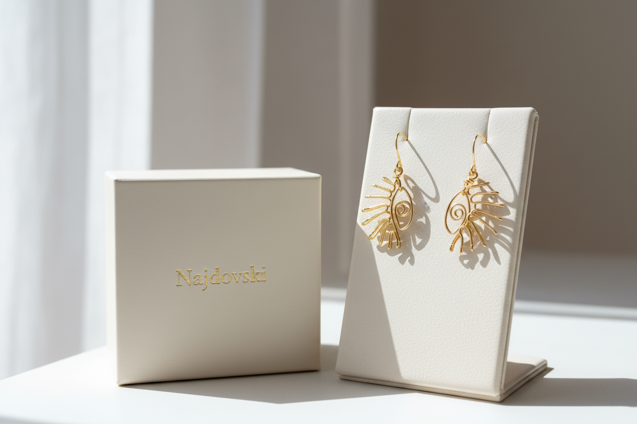 Boucles d’oreilles artisanales en fil doré, présentées sur un écrin crème de luxe Najdovski.