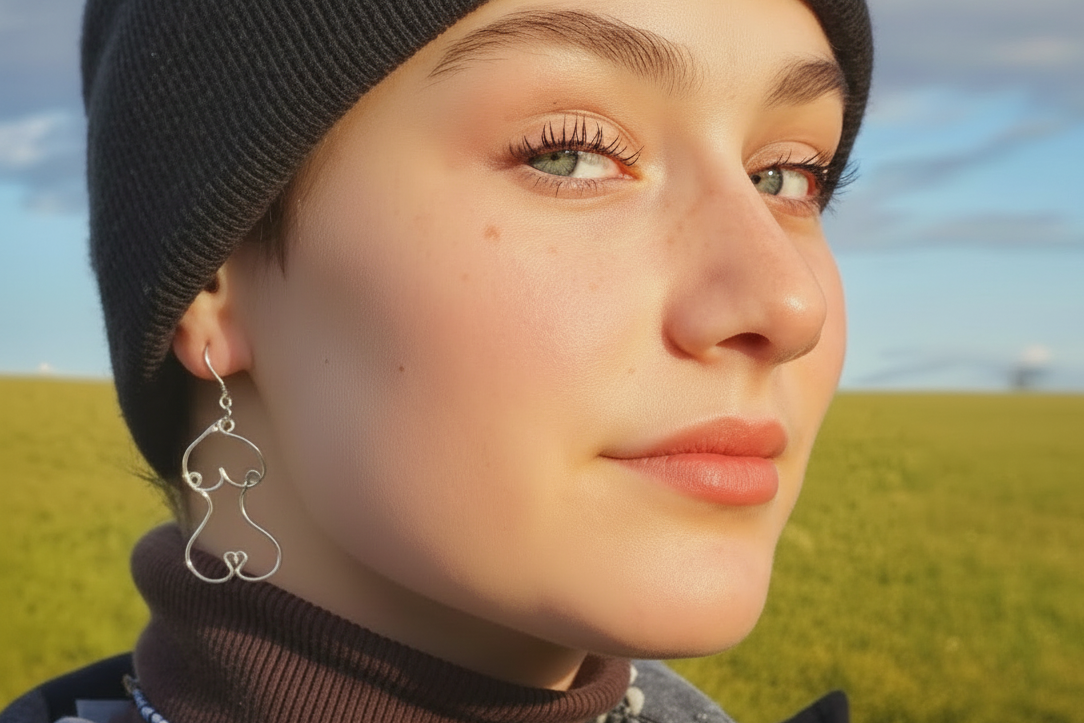 Boucles d’oreilles en fil doré portées par une femme, bijou fait main au style élégant et épuré.