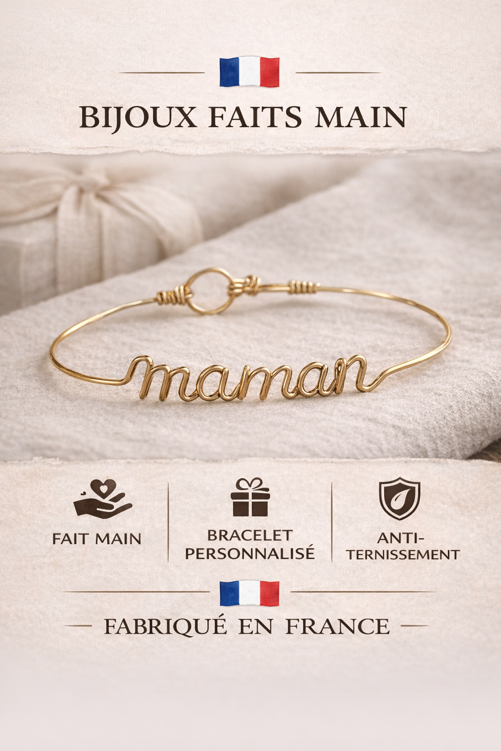 Bracelet prénom personnalisé en fil, bijou fait main porté au poignet.
