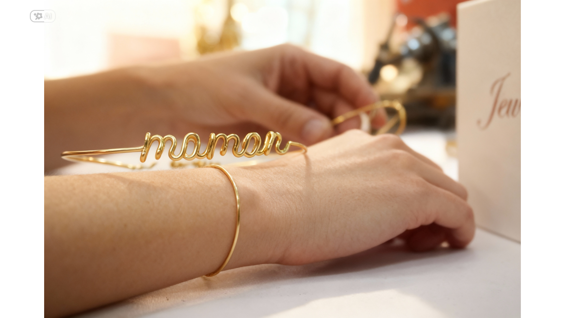 Bracelet prénom personnalisé en fil, présenté élégamment sur fond clair.