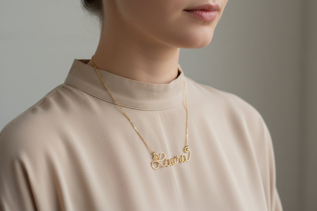 Collier prénom personnalisé en fil, présenté élégamment sur fond clair.
