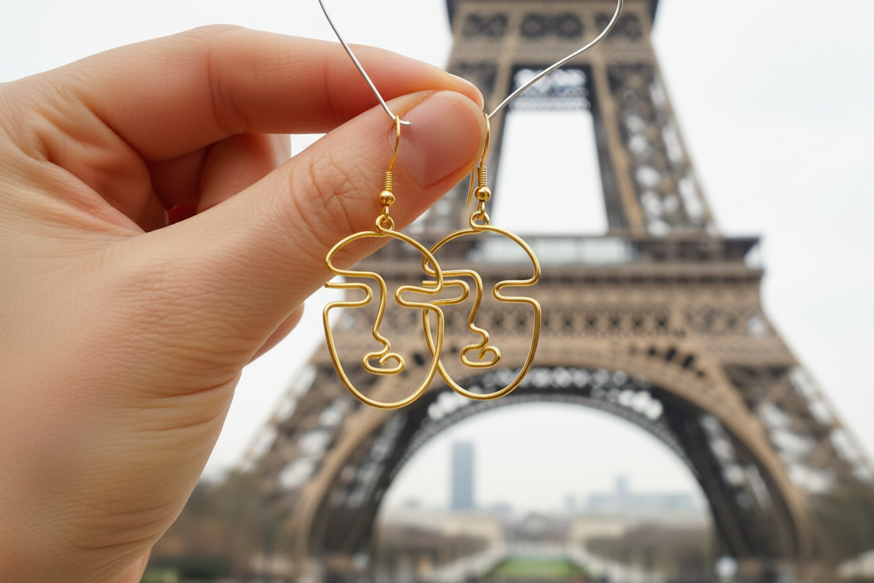 Boucles d’oreilles visage femme en fil doré – Fait main