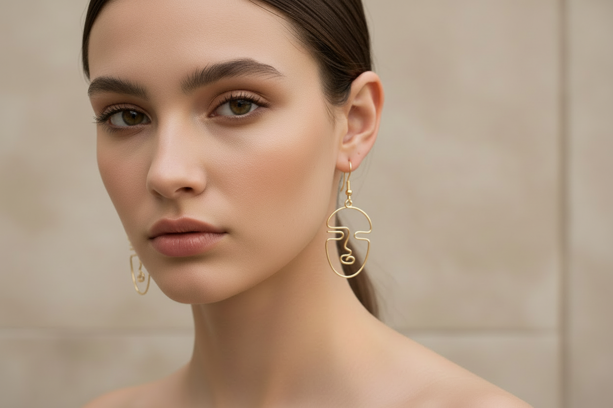 Boucles d’oreilles visage femme en fil doré – Fait main