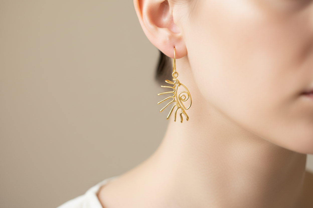 Boucles d’oreilles minimalistes en fil doré, exposées sur un présentoir de luxe avec écrin Najdovski.