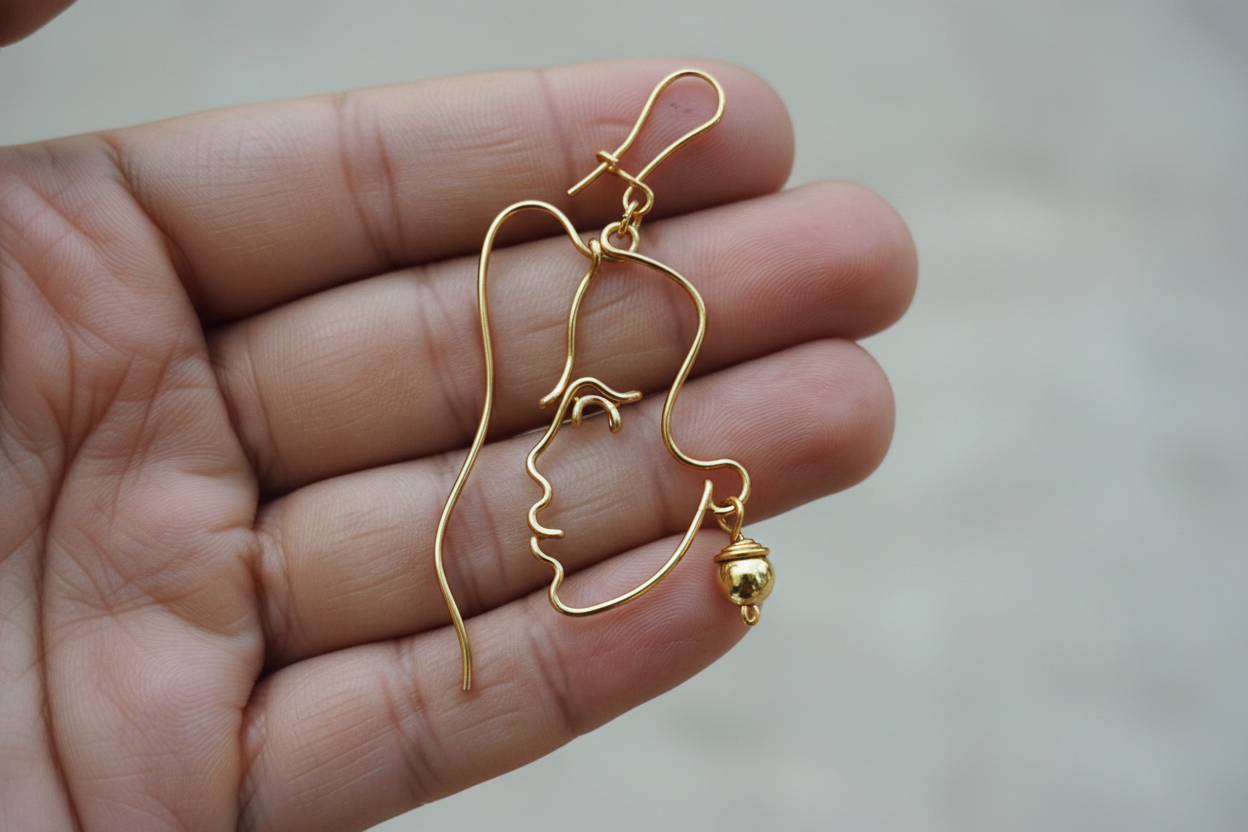 Boucles d’oreilles visage femme en fil – Bijou artisanal fait main