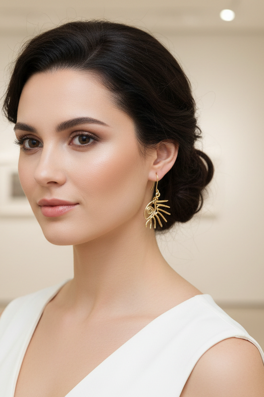 Boucles d’oreilles faites main en fil doré, présentation élégante avec boîte bijou crème Najdovski.