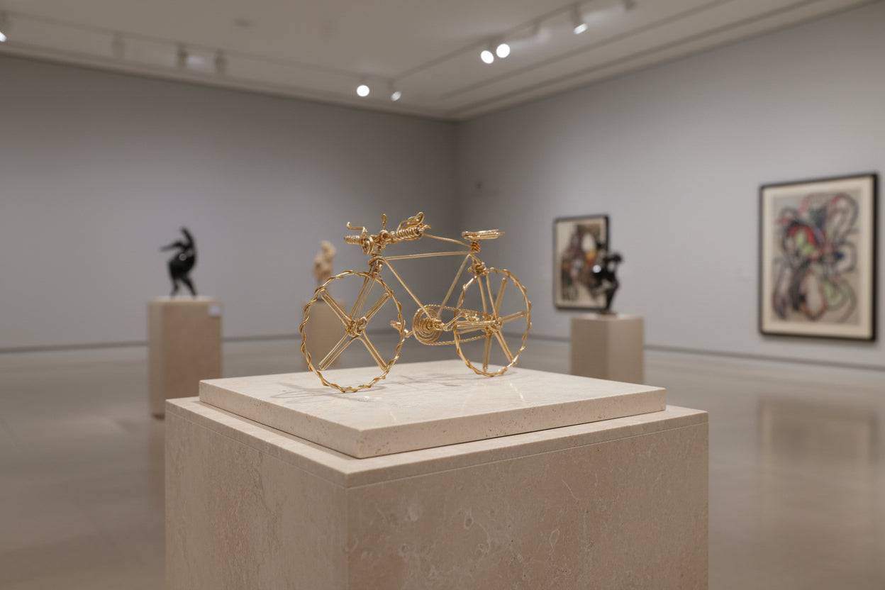 Sculpture miniature de vélo en laiton plaqué or 2 microns, fabriquée à la main avec des détails raffinés.